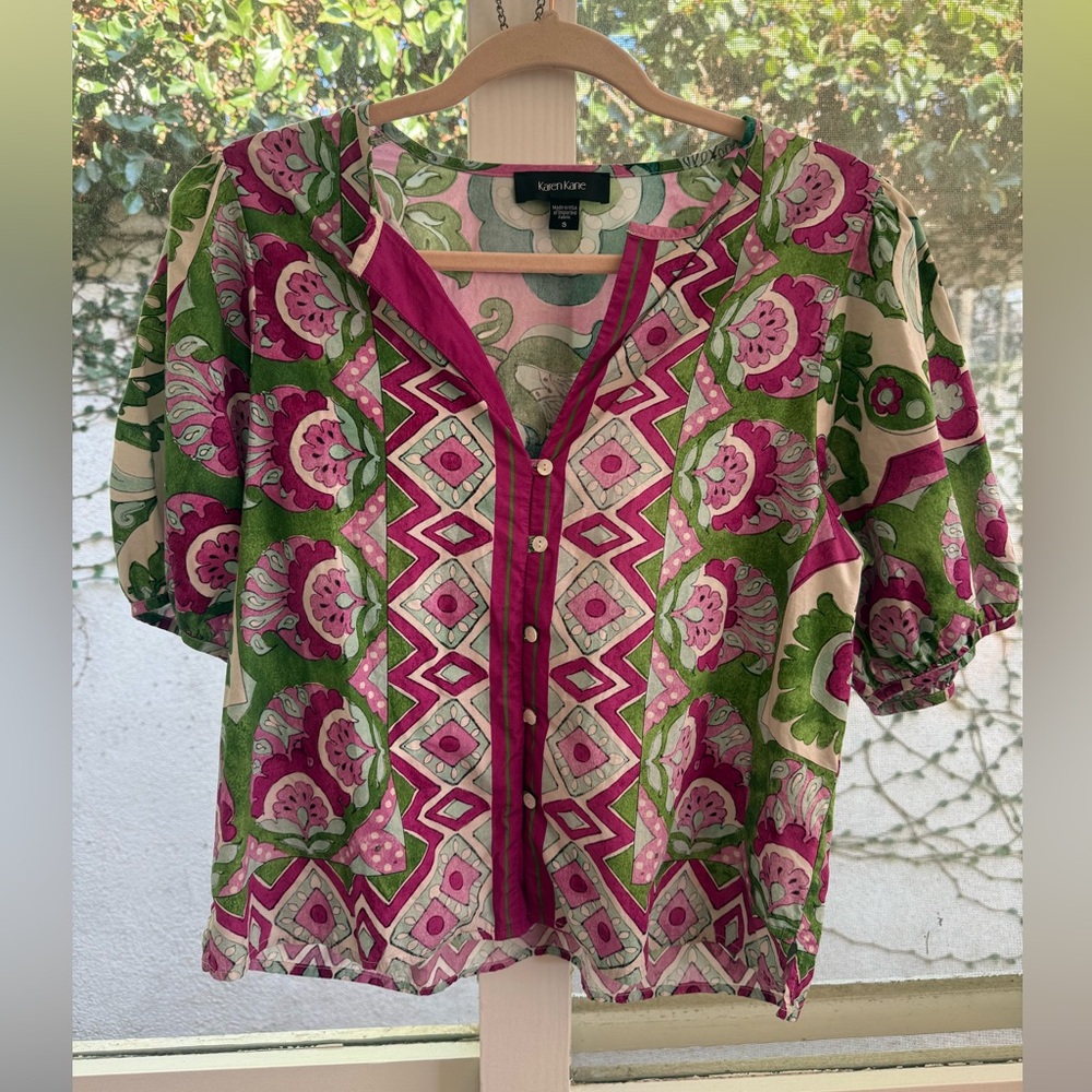 Karen Kane Vibrant Floral Puff Sleeve 100% Cotton Spring Boho Size Small Top